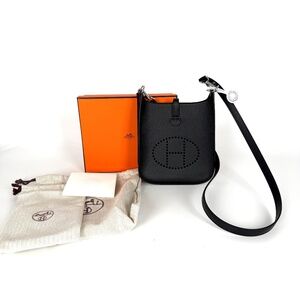 Authentic New HERMES Mini Evelyne Sellier TPM 16 Black Leather Crossbody Bag